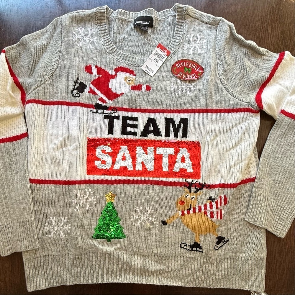 NWT Joe Boxer Gray and Red Team Santa / Reindeer jr. XL Sequins Reversible